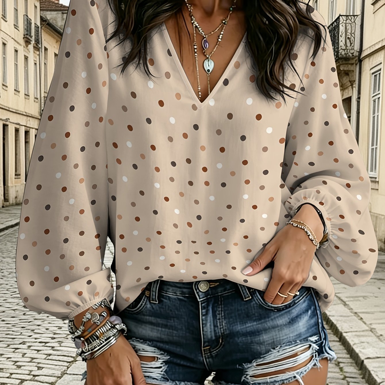 TEMU Fashion Casual Women's Long Sleeve Cinched V-neck Top, Beige Brown White Gray Polka Dot, Gentle Easy Vacation