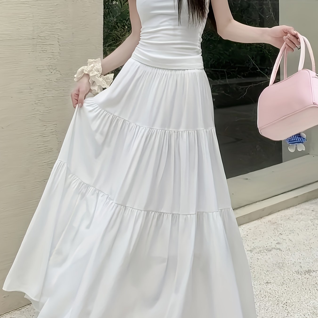 High-waisted Skirt Elegant Casual A-line Layered Skirt Spring And Summer Women's Clothing Sweet Pink Long Pleated Cake Skirt