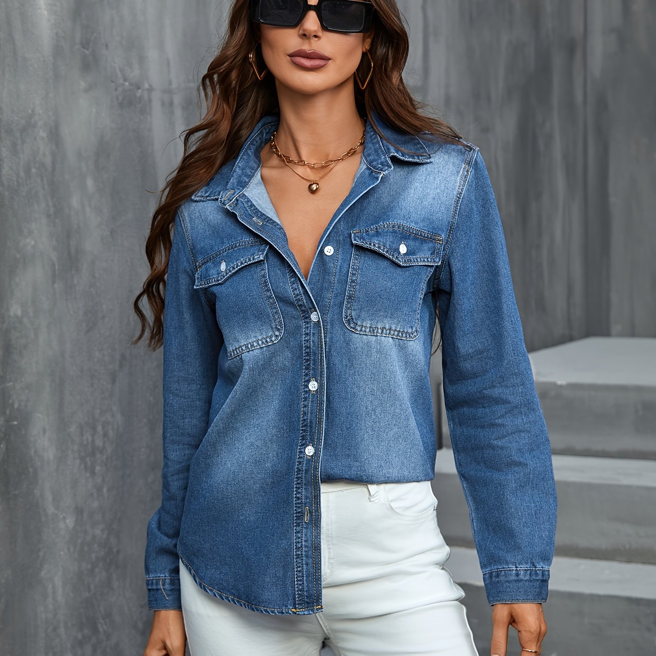 Elegant Western Shirt - Long Sleeve Button-front Button- Collar Blouse, Solid Color Non-stretch Button Top For Spring/fall, Casual & Dressy Outfits (machine Washable)