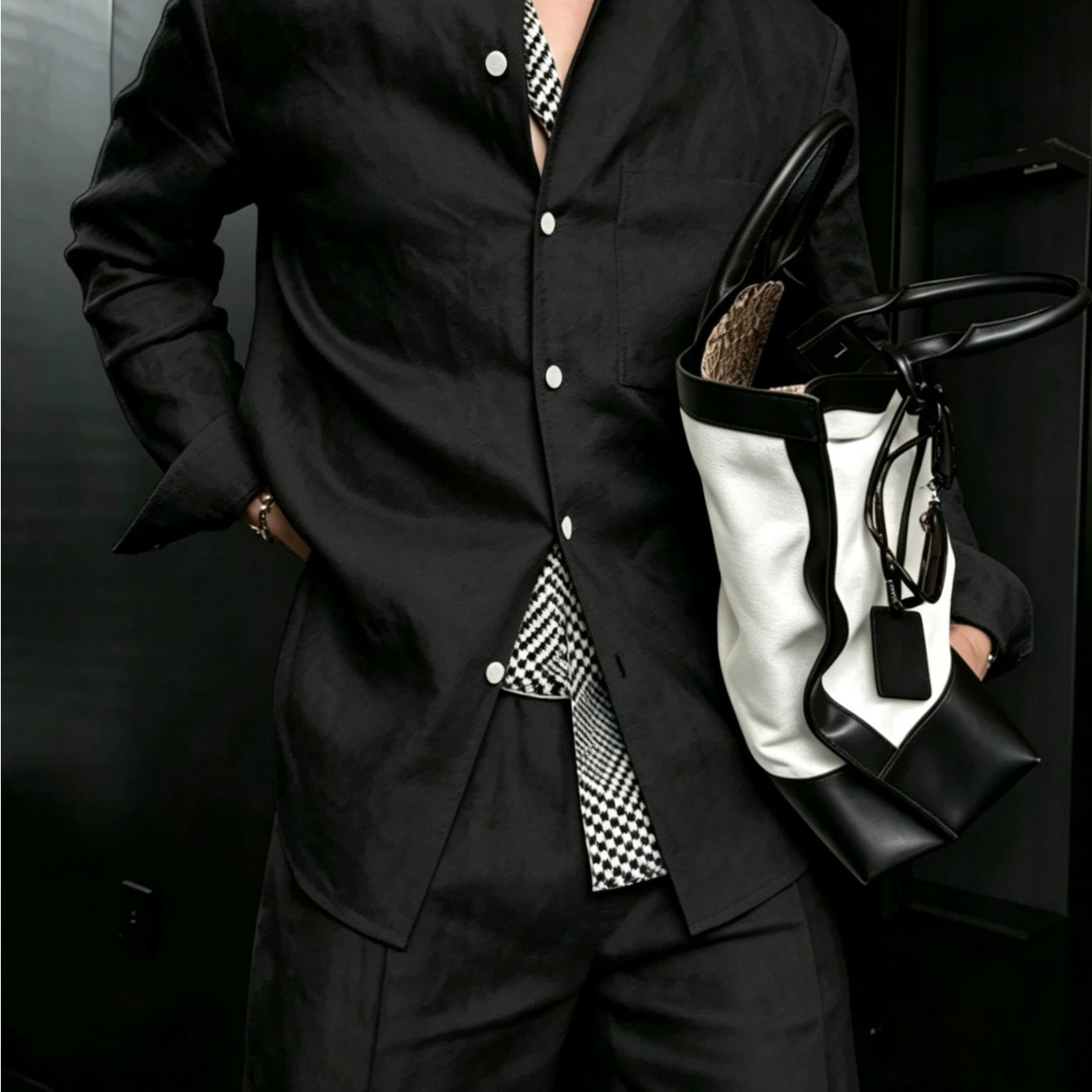 Image of Men'-piece Set: Stand Collar Front Button Long-sleeve Shirt And High-waist Wide-leg Suit Trousers, Business Casual Combo