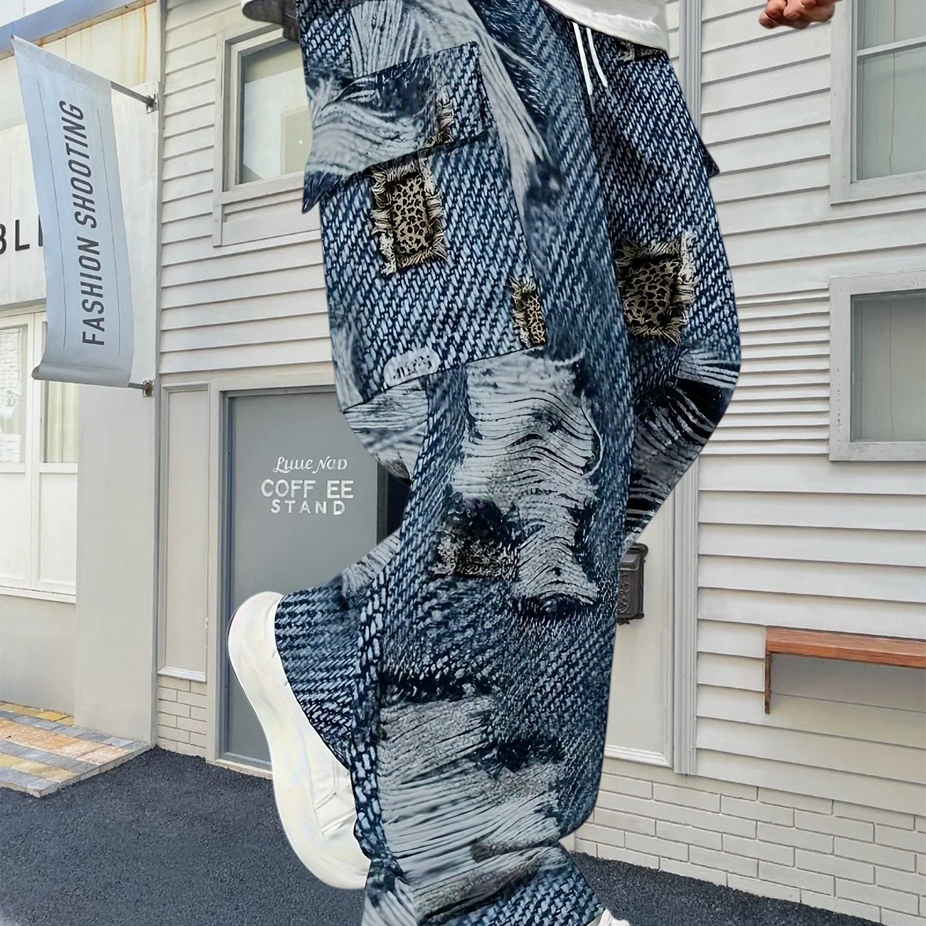 TEMU [seller] Autumn And Winter Lapel Men's Casual Cargo Pants, Denim With Leopard Accents, Retro & Edgy, Great For Street Style/ Daily Wear, Ideal