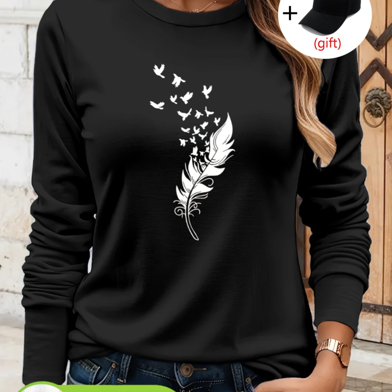Image of Women's 100% Long Sleeve T-shirt With Artistic & Birds Graphic Print | Casual Round Neck, Machine Washable, Fit, Loose Fit, Stretch Fabric