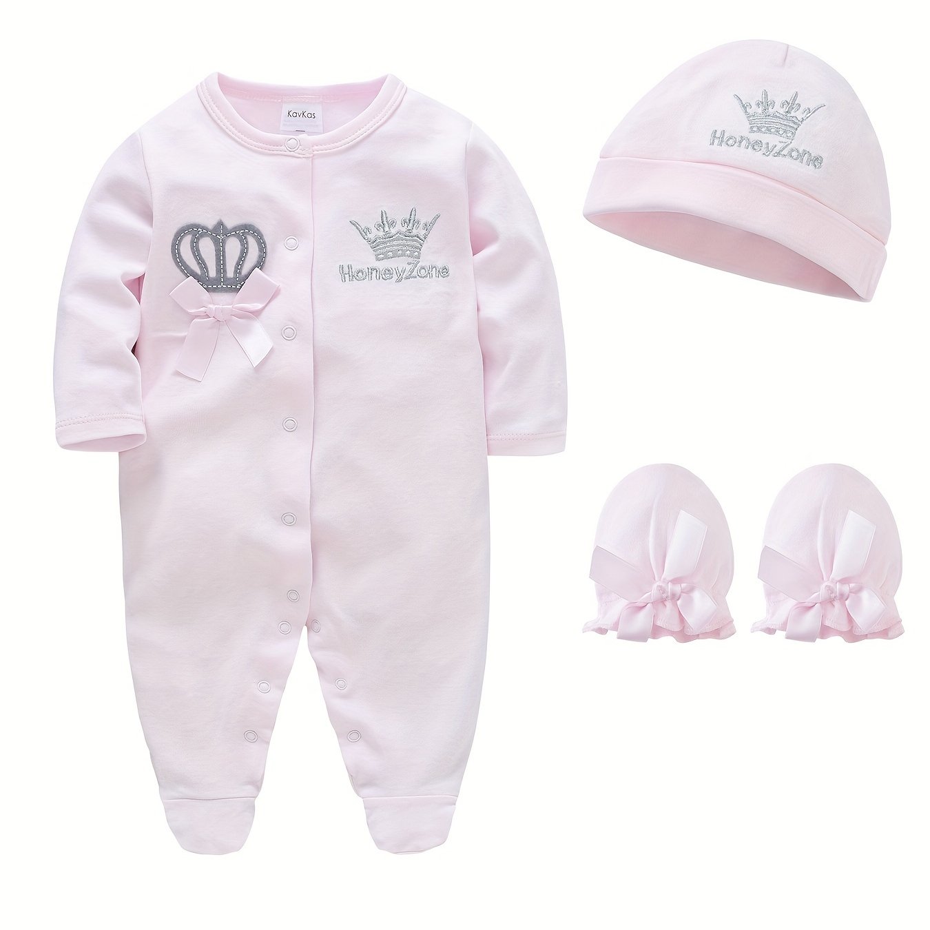 Baby's Adorable Crown Embroidery Long Sleeve Footed Romper, Toddler & Infant Girl's Footie + Hat + Baby Mittens, Perfect For Outdoor