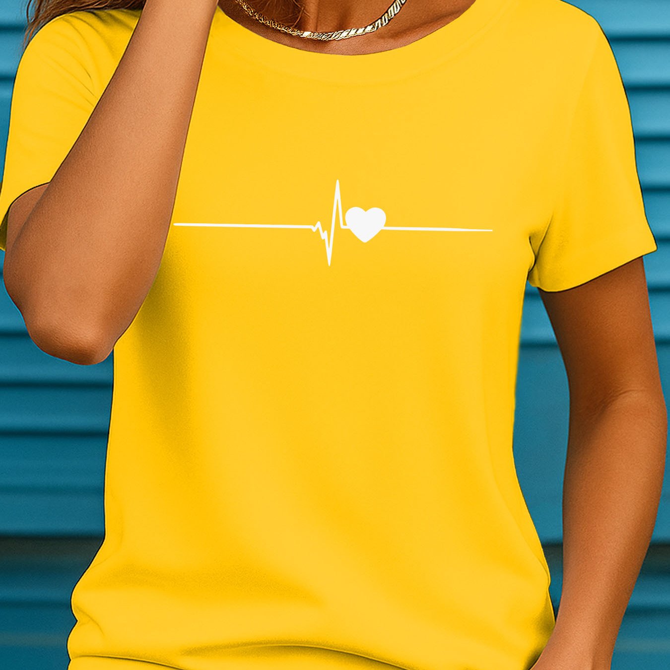 TEMU Soft Breathable New Heartbeat Love Heart Print T-shirt - Women's Summer Casual Round Neck Short Sleeve Tee, Ii 887