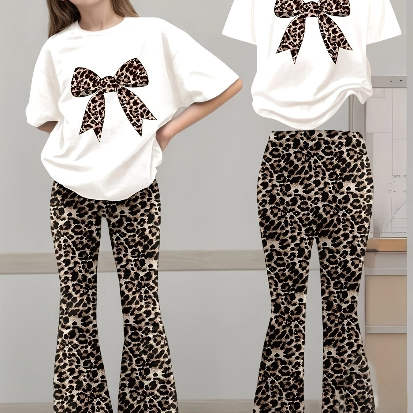 Image of 2pcs Set, Teen Girl Summer Casual Sportswear With Printed Bow Top And Leopard Print Wide-leg Pants, Suitable For Girls' Outdoor Activities , Summer, And Fall, Perfect For Outdoor