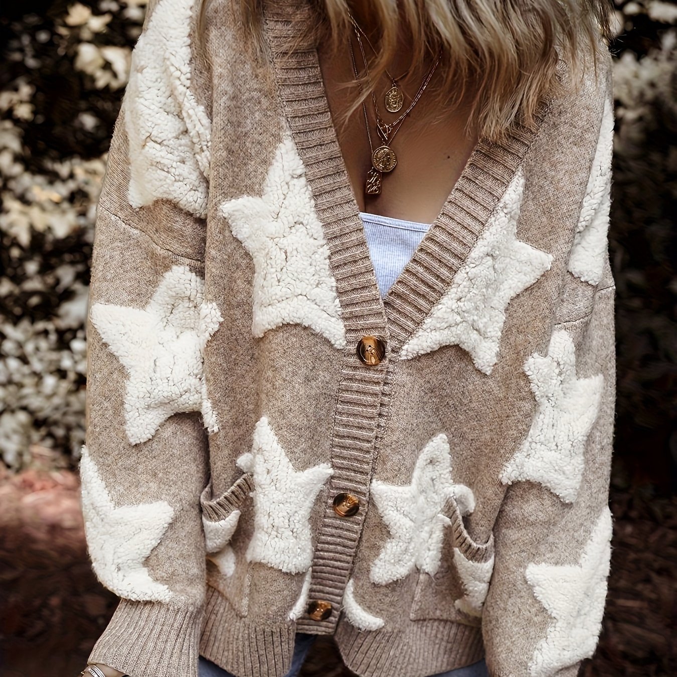 Image of Women's Casual Sweater Star Pattern Cardigan Button Pocket Cardigan