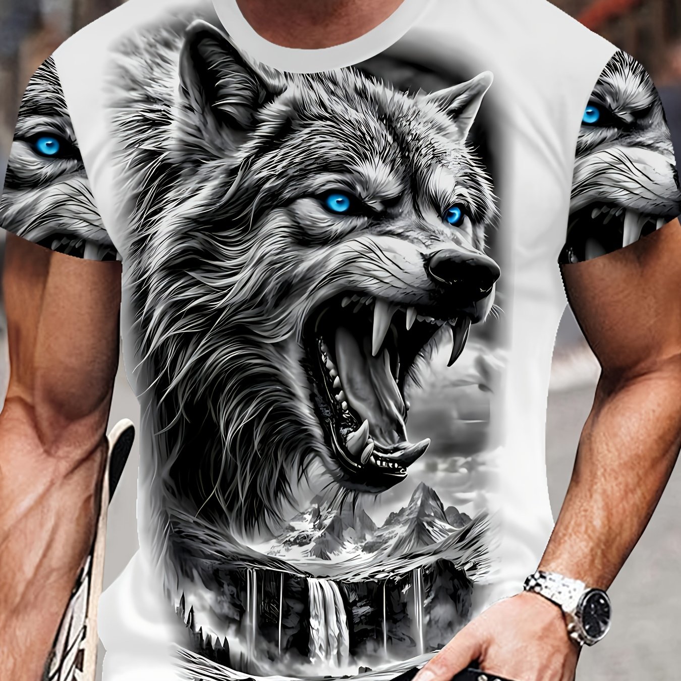 TEMU Men's Domineering Wolf Pattern T-shirt - 3d Black Gray Block Breathable Fashion Top, Suitable For Sports And Style - Machine Washable Men's