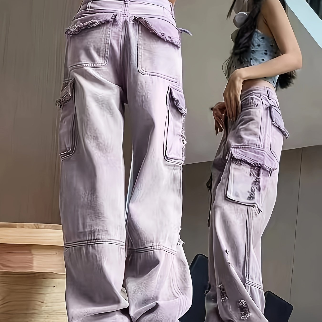 Purple Flap Pockets Straight Jeans Loose Fit Ripped Holes - Temu