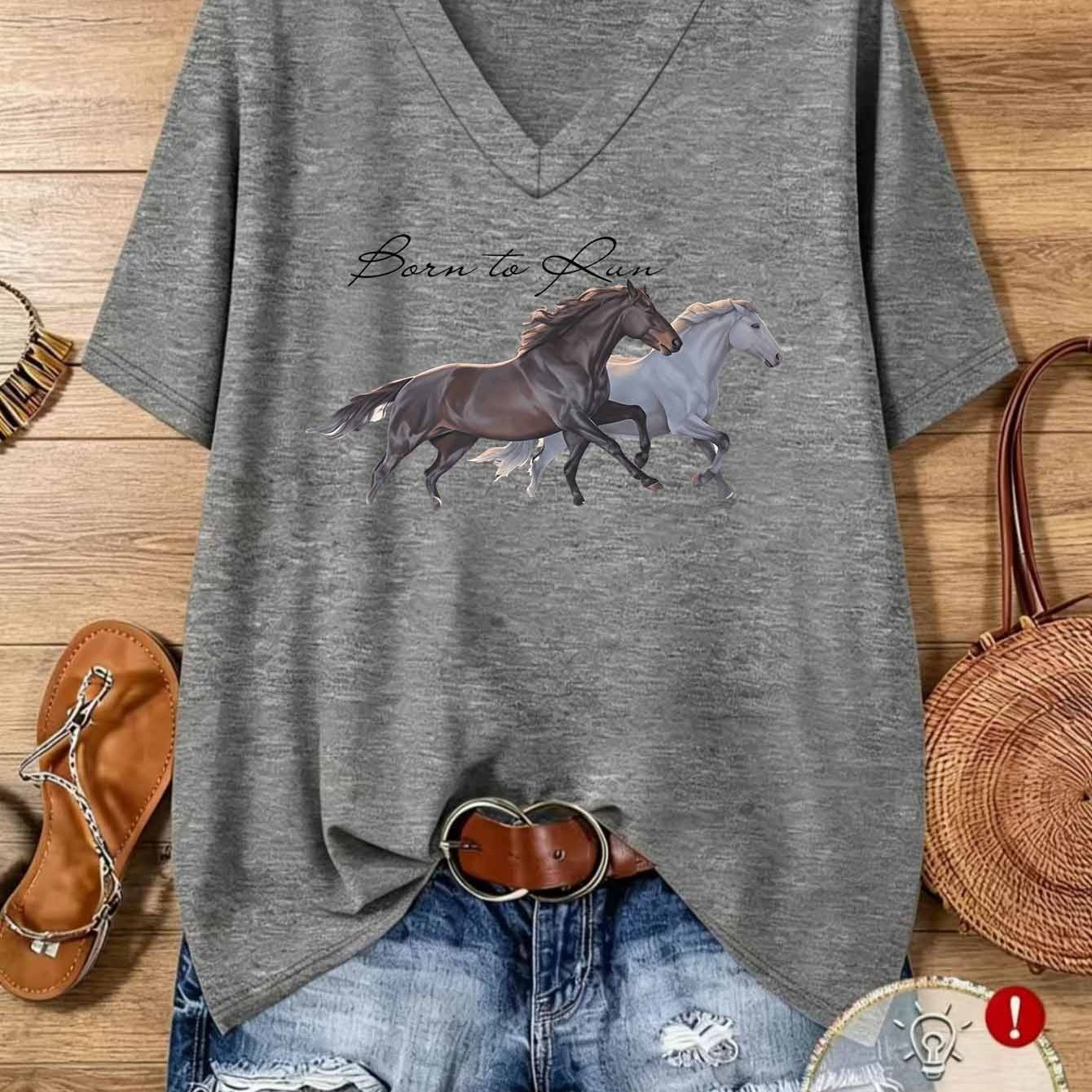 TEMU Plus Size Women's Breathable V-neck T-shirt - Loose Fit Short Sleeve Suitable For Yoga, Travel, Commuting & Layering | Horse Print/equestrian,