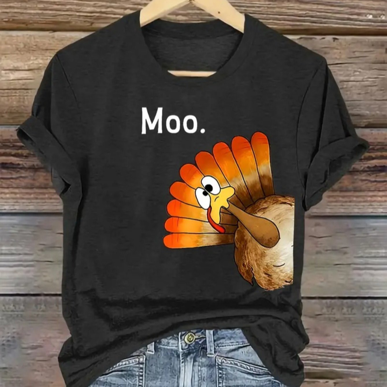 TEMU Funny Thanksgiving Turkey Graphic T-shirt With "moo" Novelty Farm Animal Design - Short Sleeve Tee For , Black With Orange-brown Turkey &