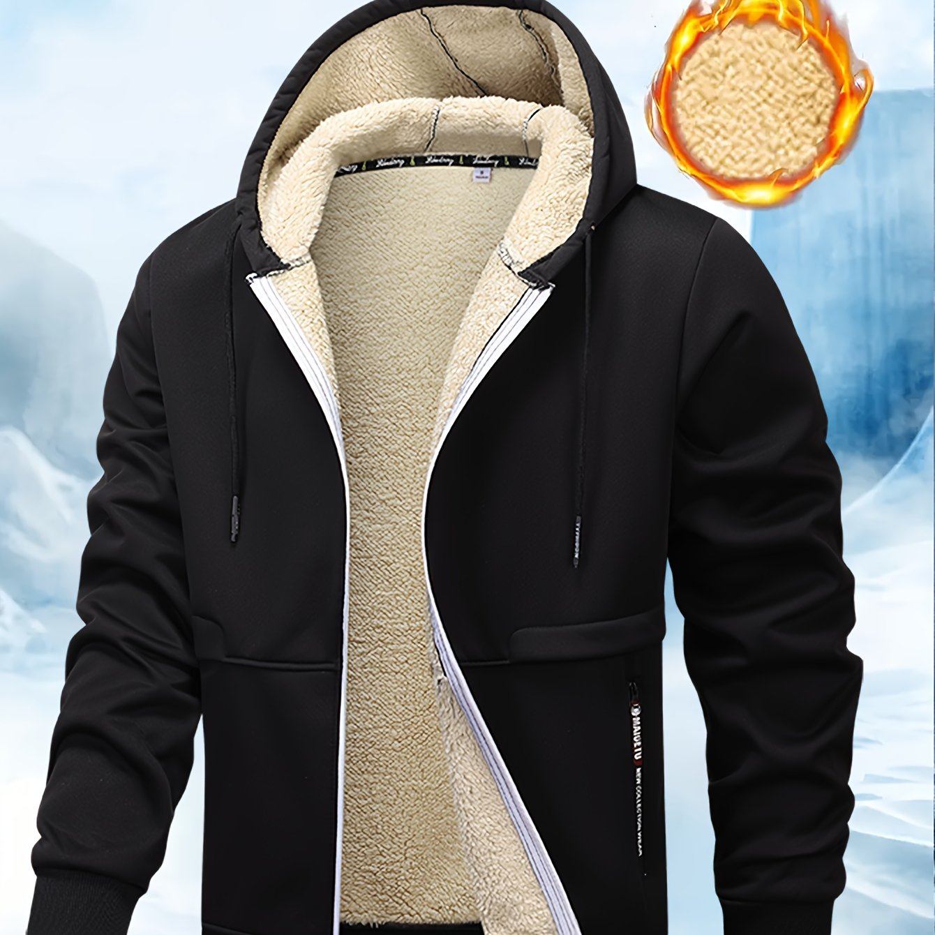 TEMU Men's Winter Sherpa Fleece Lined Thermal Hooded Jacket With Zipper Pockets, Warm Thick Zip-up Coat For Fall/winter