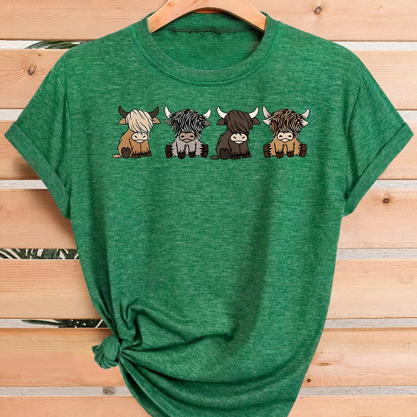 TEMU Elegant Cartoon Highland Cow Print | , Crew Neck, Medium Stretch Fabric, Soft And Comfortable, Short Sleeve T-shirt For Women, In Sizes S-xxl