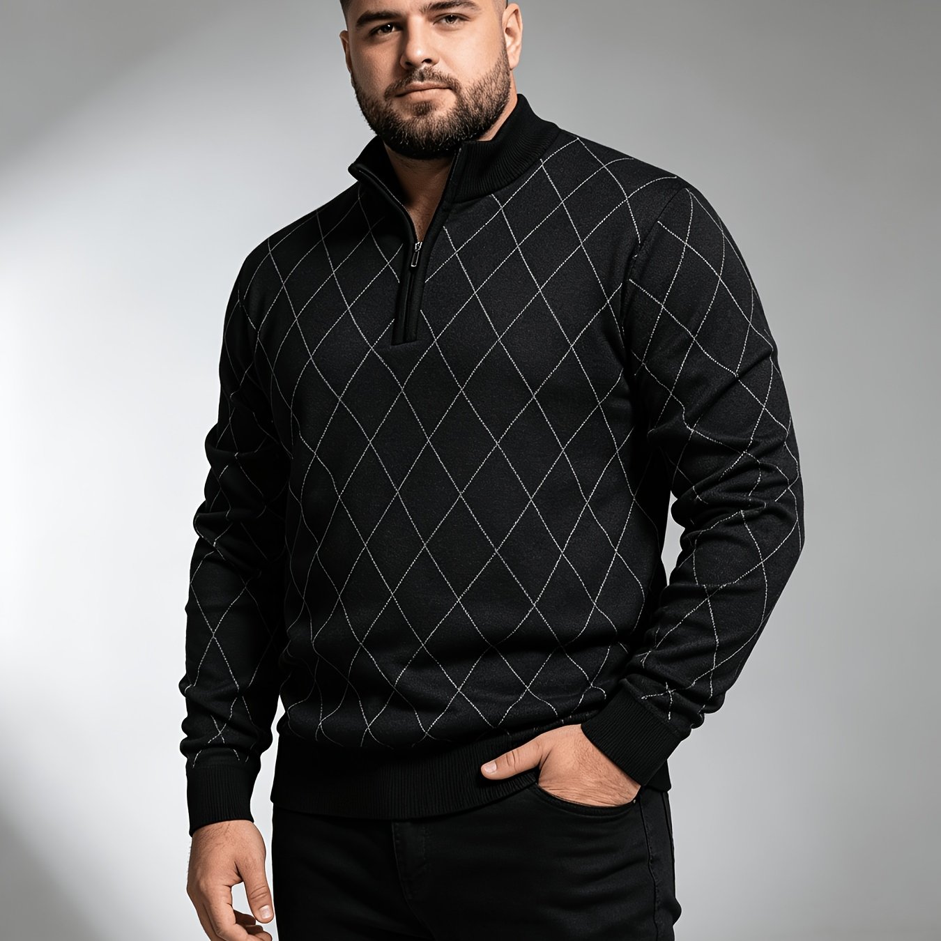TEMU Plus Size Big And Tall Men's Argyle Quarter Zip Sweater, Mock Neck Long Sleeve Knit Pullover, Business Casual Fall Winter Sweaters