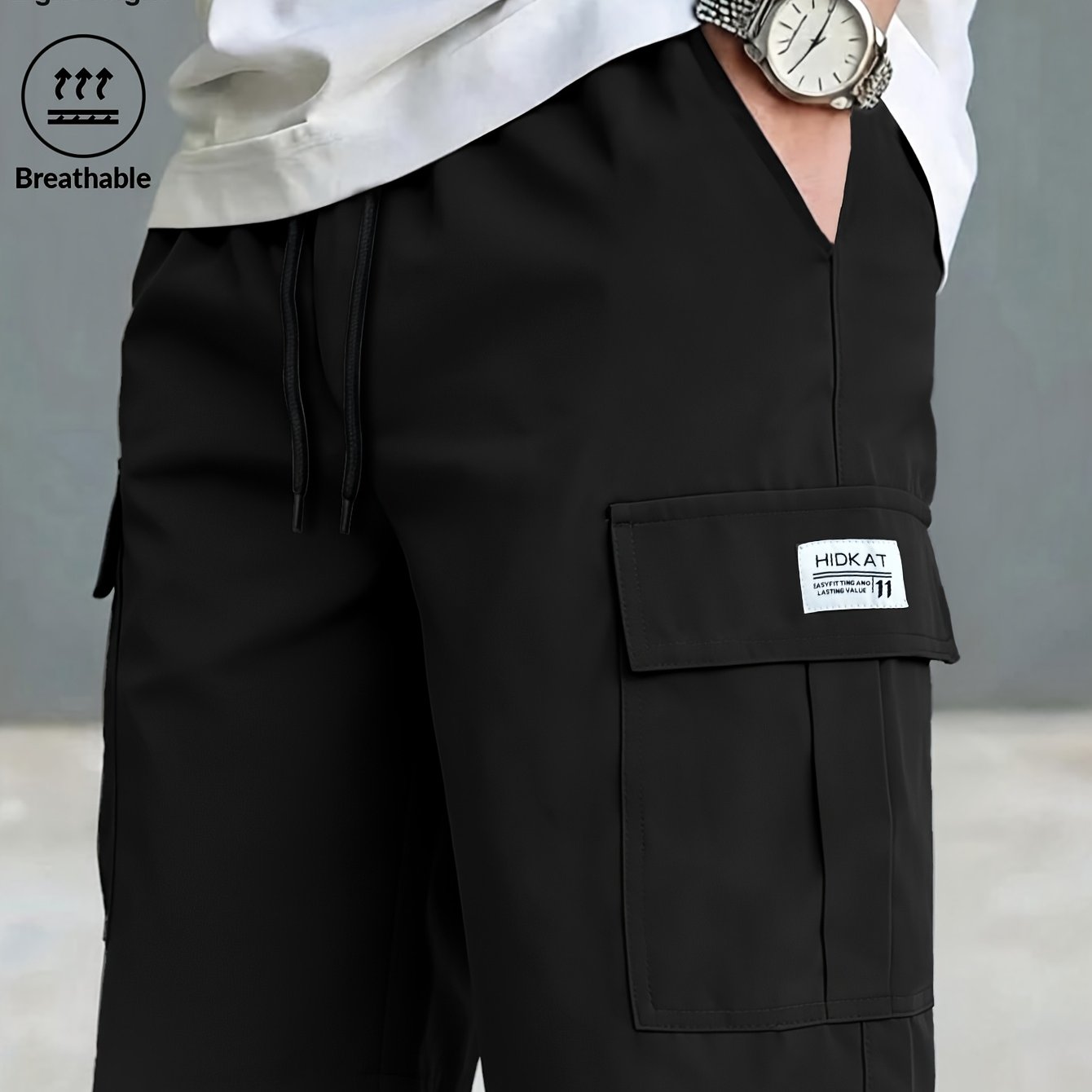 Men's Athletic Casual Cargo Shorts, Multi-pocket Drawstring Elastic Waistband, Suitable For Outdoor Hiking, Daily Running, And Commuting