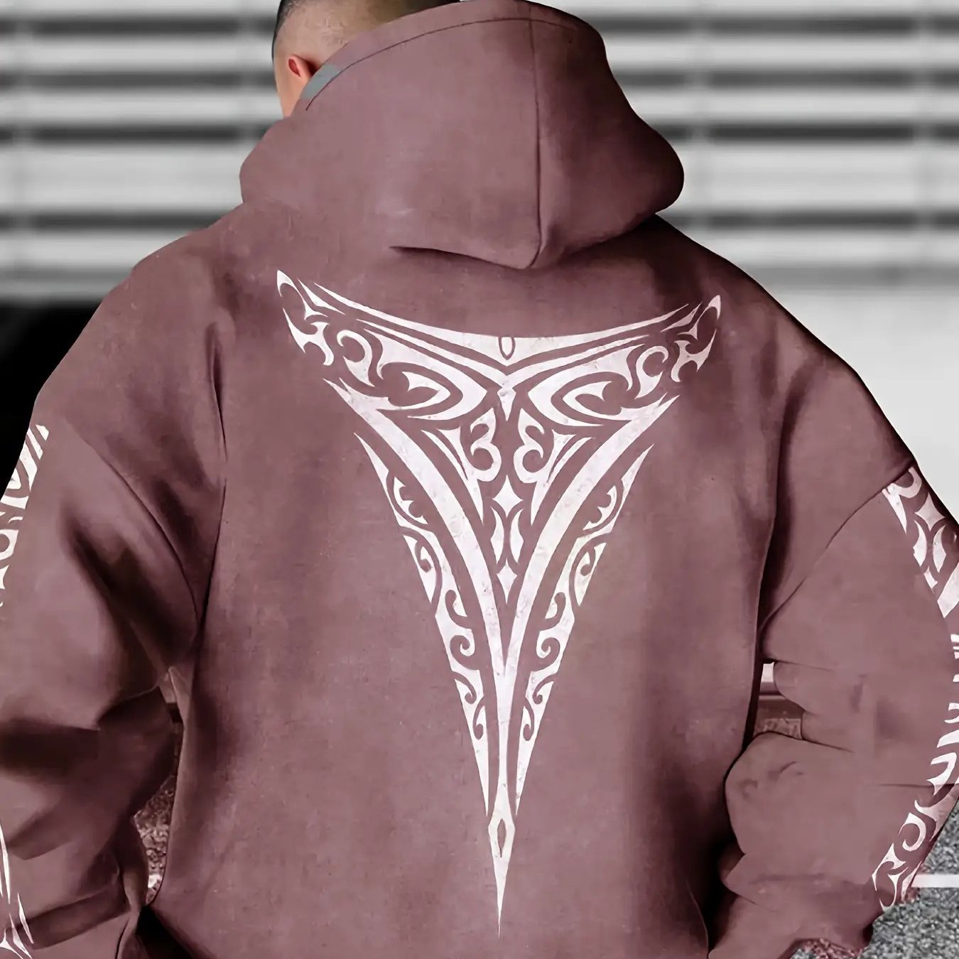 TEMU Men's Printed Maori Tribal Tattoo Hoodie - Loose Shoulder Long Sleeve Street Style, Tribal Design, Machine Washable Casual Wear, Suitable For