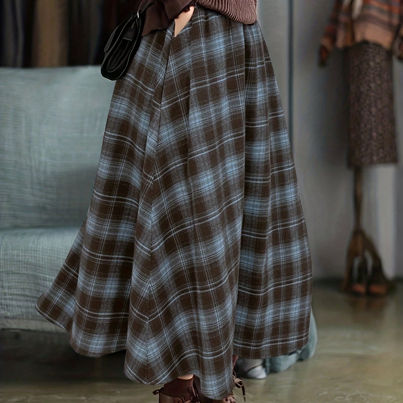 TEMU Plus Size Stretch Waist A-line Maxi Skirt With Pockets, Casual Resort Style Spring Summer Long Skirt