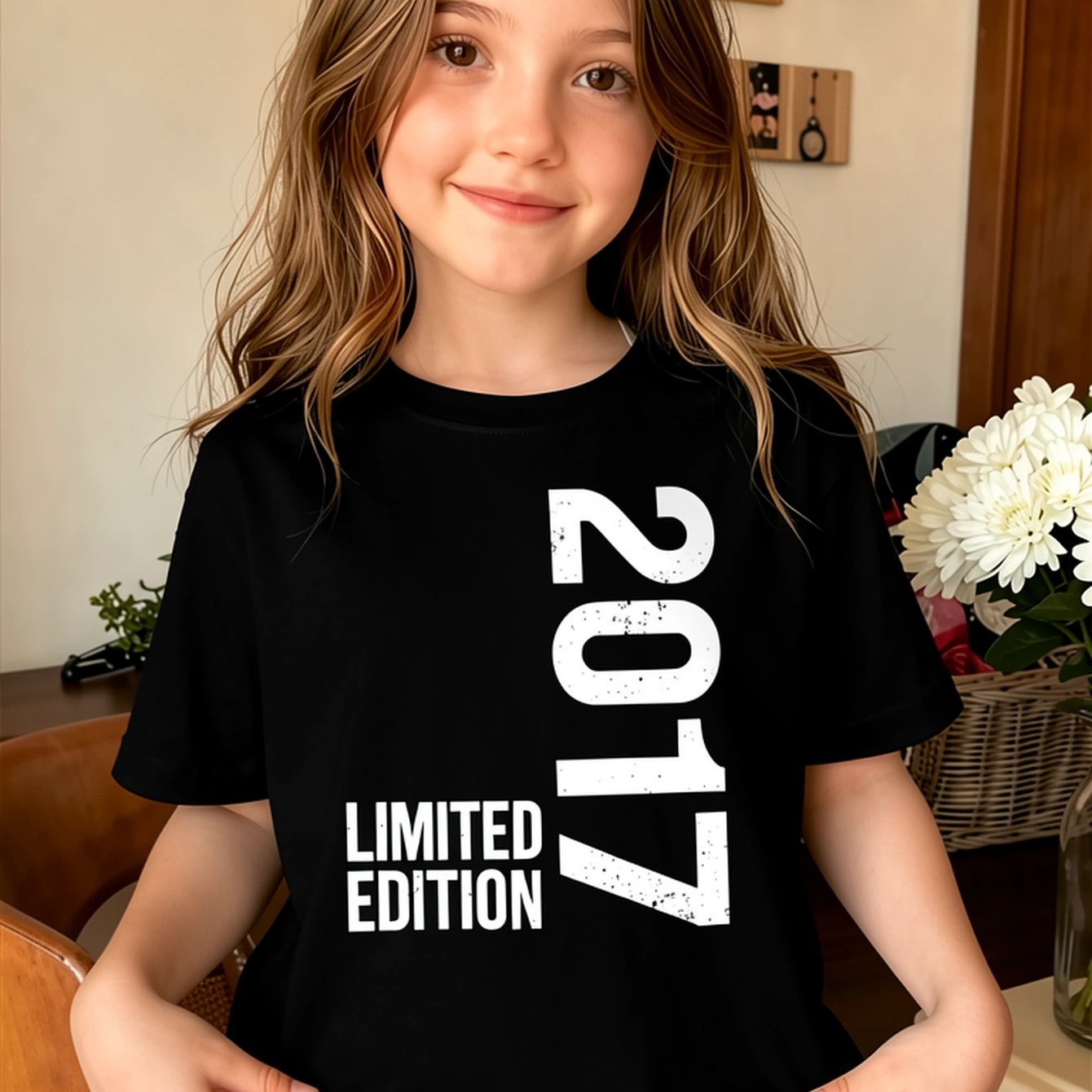 Image of Girls' Pure Cotton T-shirt Girls' Black Short Sleeve T-shirt With White Vertical Love And Edition Graphic, Statement Top For Casual Attire, Playtime, School, And Relaxed Outfits