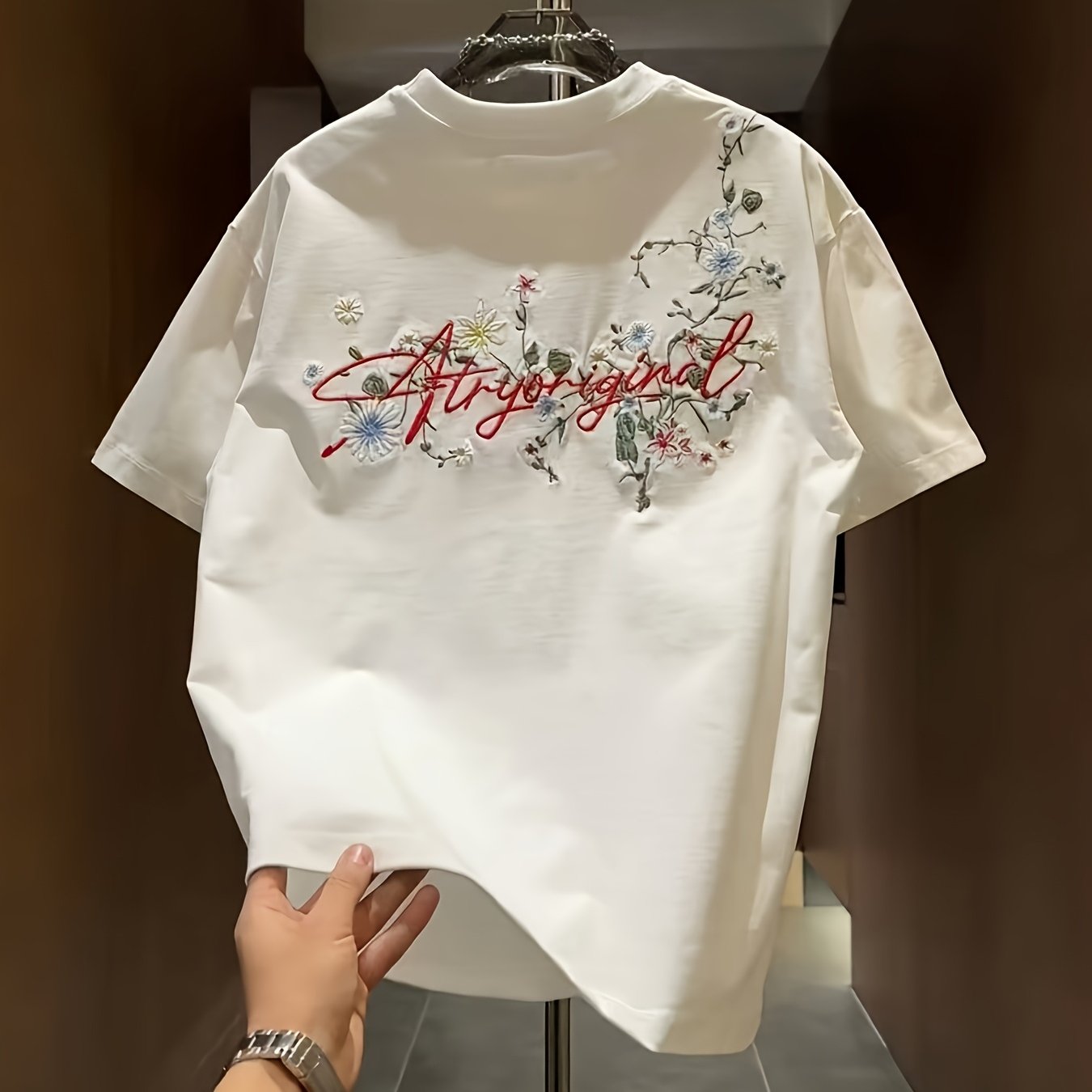 TEMU Men's Floral Embroidered Short Sleeve T-shirt, Casual Crew Neck Loose , Comfortable Versatile Short Sleeve For Daily Street Wear