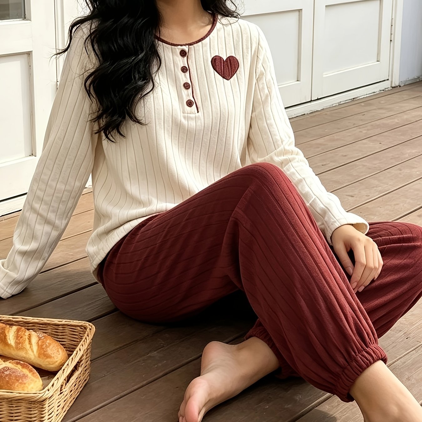 TEMU Women's Pajama Set With Round Neck Long Sleeve And Long Pants - Vertical Pinstripe, Button Front, Heart Decoration White Long Sleeve And