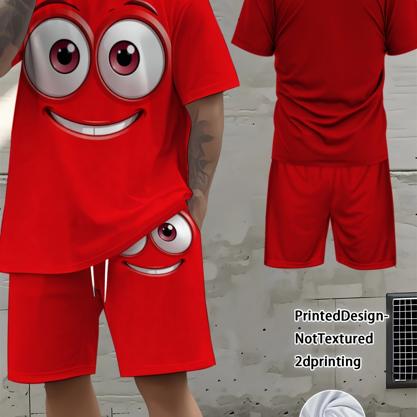 TEMU [new Arrival] Men's Novelty Clothing Set, Cartoon Face Printed, 2d Flat Printing, Mixed Colors, Multiple Sizes , Short Sleeve And Shorts Set,