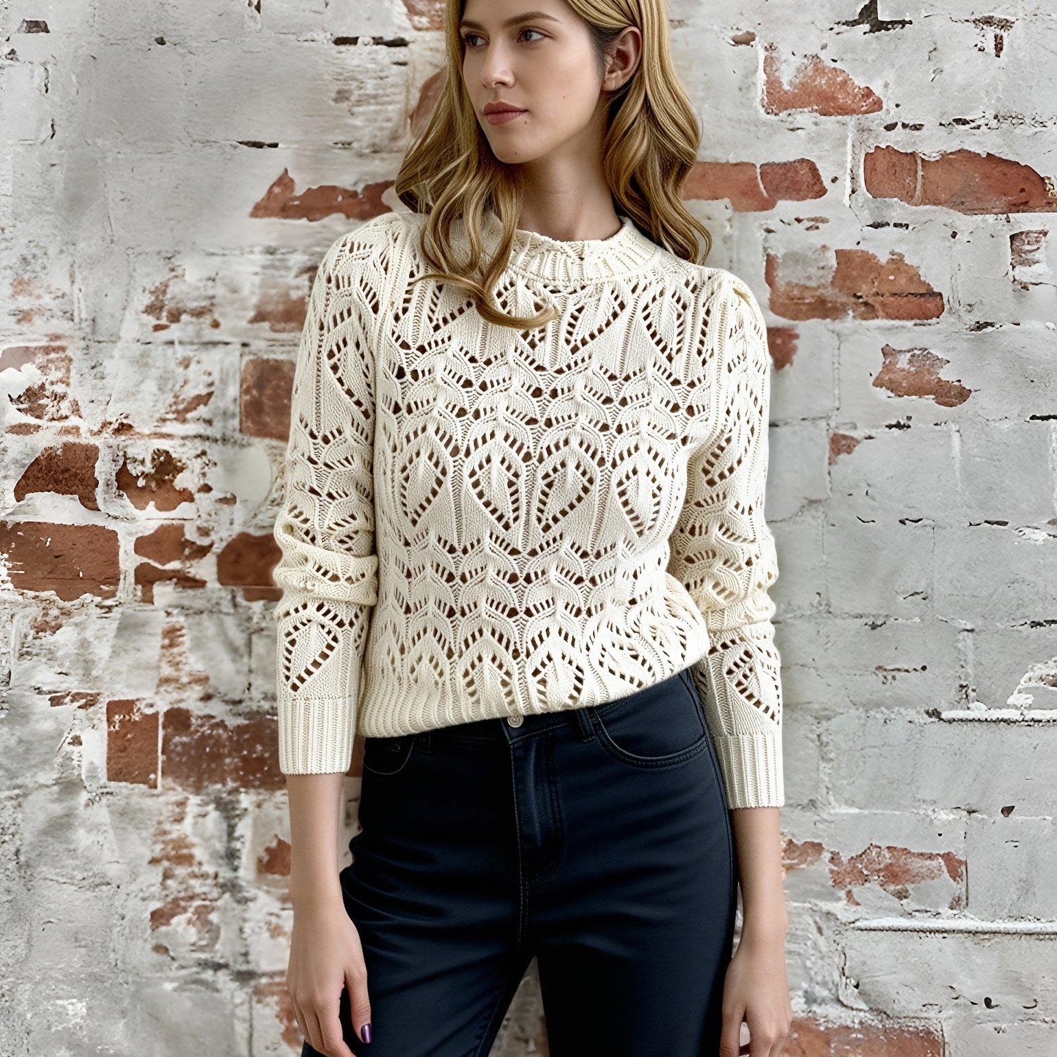 E-shop Damen Pullover "Niannian" im französischen Stil, schlicht elegant, mit Durchbruchmuster, vielseitig