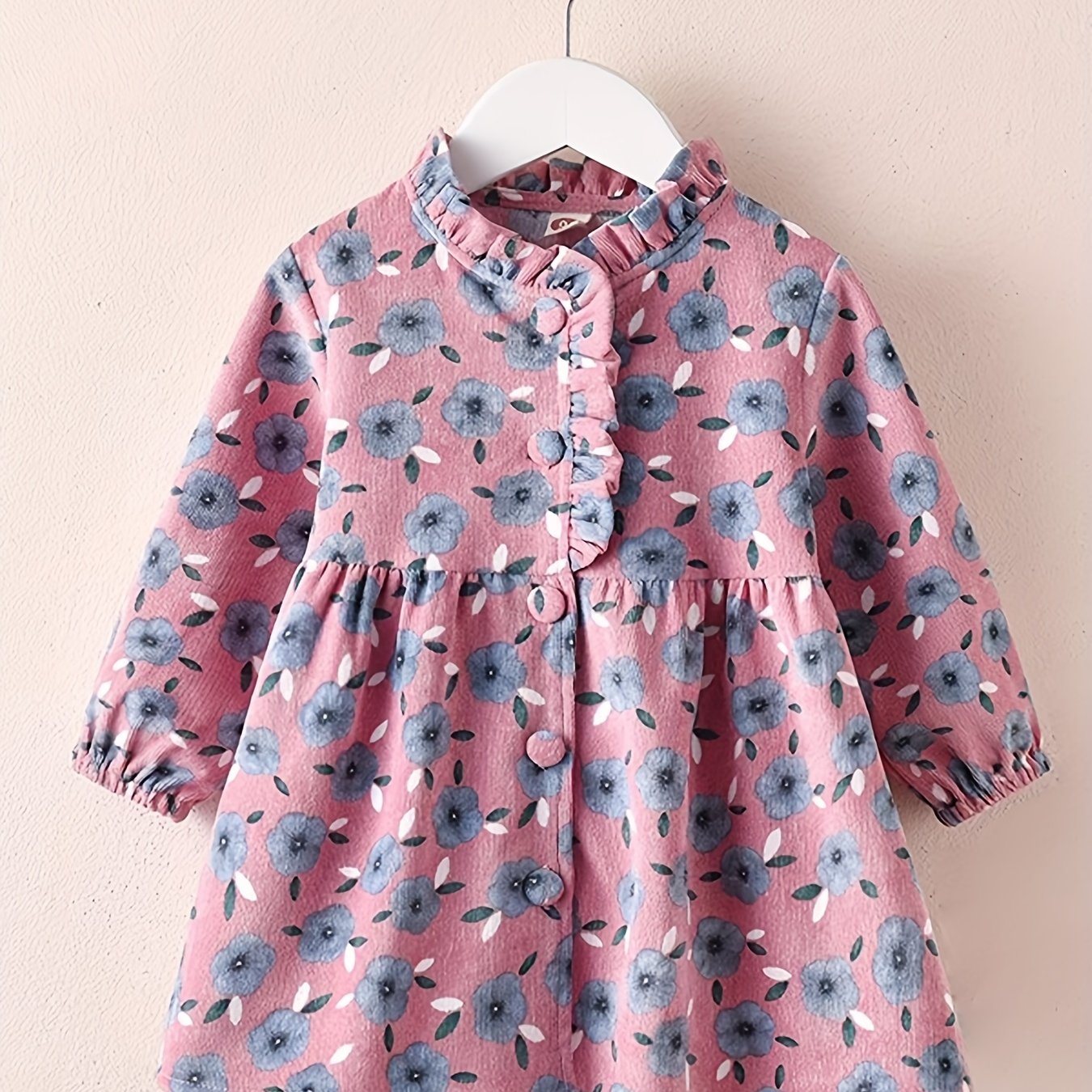 Image of Girls' Spring/autumn Floral Print Dress, Spring/autumn Ruffle Stand Collar Flounce Button Front Skirt, Girls' Printed A-line Casual Dress