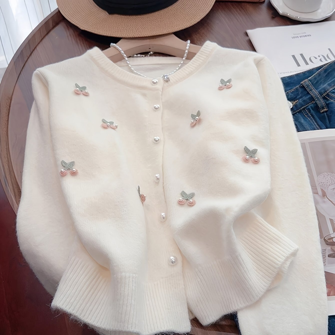 Spring New Women's Pearl Niche Design Beige Cherry Embellished Solid Color Elegant Versatile Cardigan For Date Outfits
