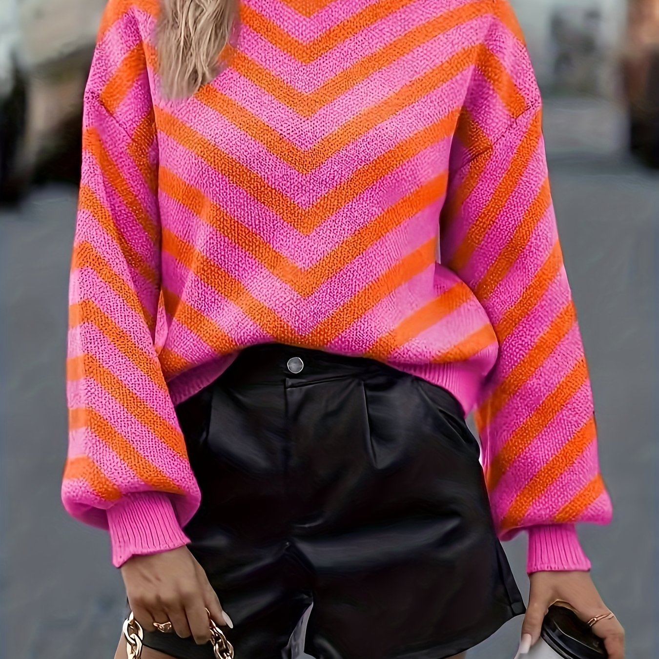 E-shop Neuer Pullover für Damen, Modisches Elegantes Strickstück, Dicker Streifen Kontrastfarbe Rundhals Langarm Pullover