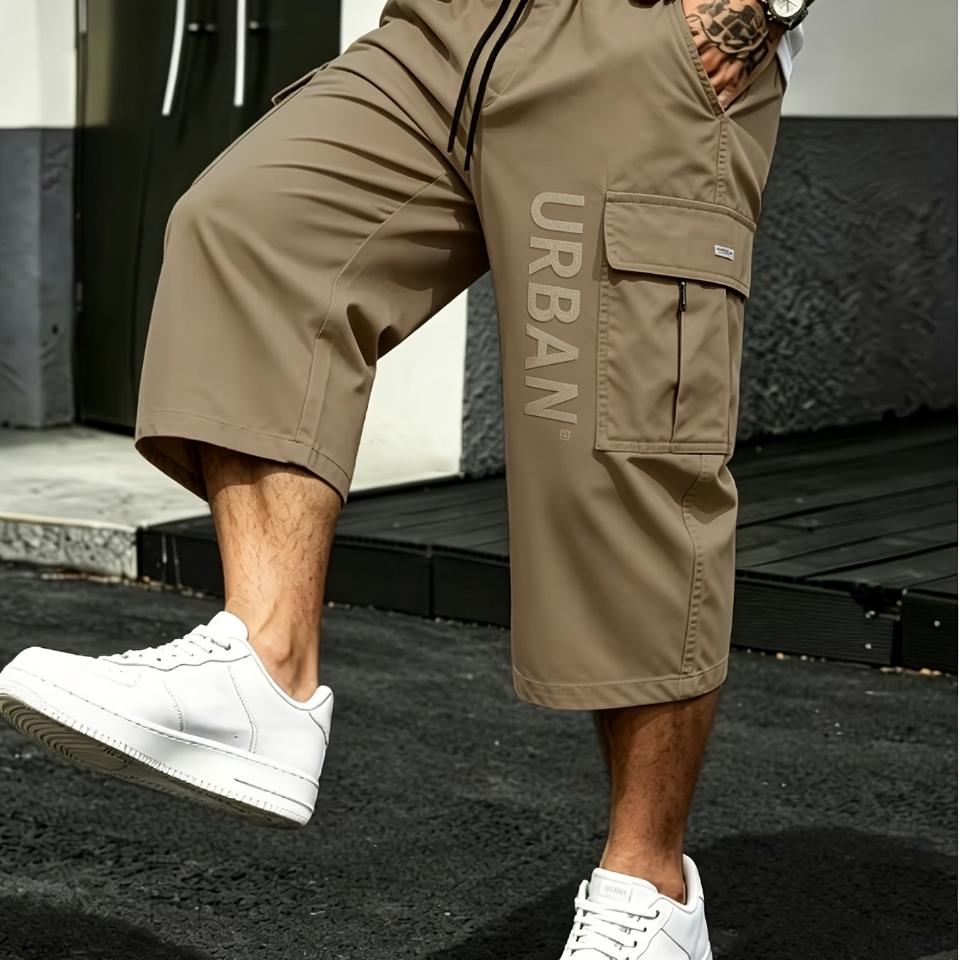 Men's Letter Print Cargo Khaki Capri Pants, Polyester Fabric, Multi-, Casual & Comfortable.