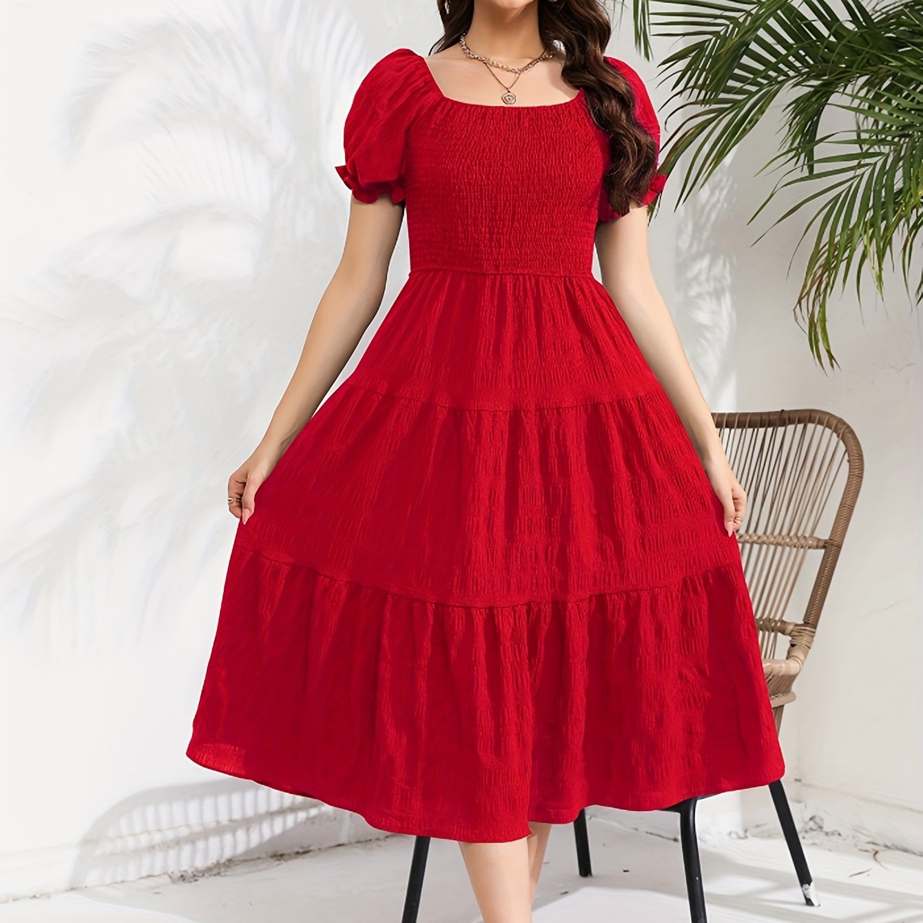 E-shop Elegantes zweiteiliges Kleid in einfarbiger Farbe für Damen - Geraffte Details, Rüschenbesatz, V-Ausschnitt A-Linien-Silhouette - für