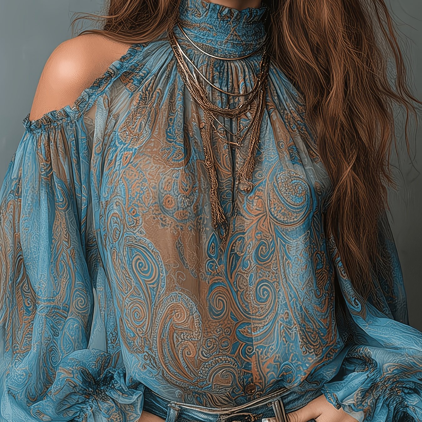 TEMU Blusa bohemia retro con estampado de paños de cachemira y de concha, , hombros descubiertos, cuello , larga, para diario, y verano