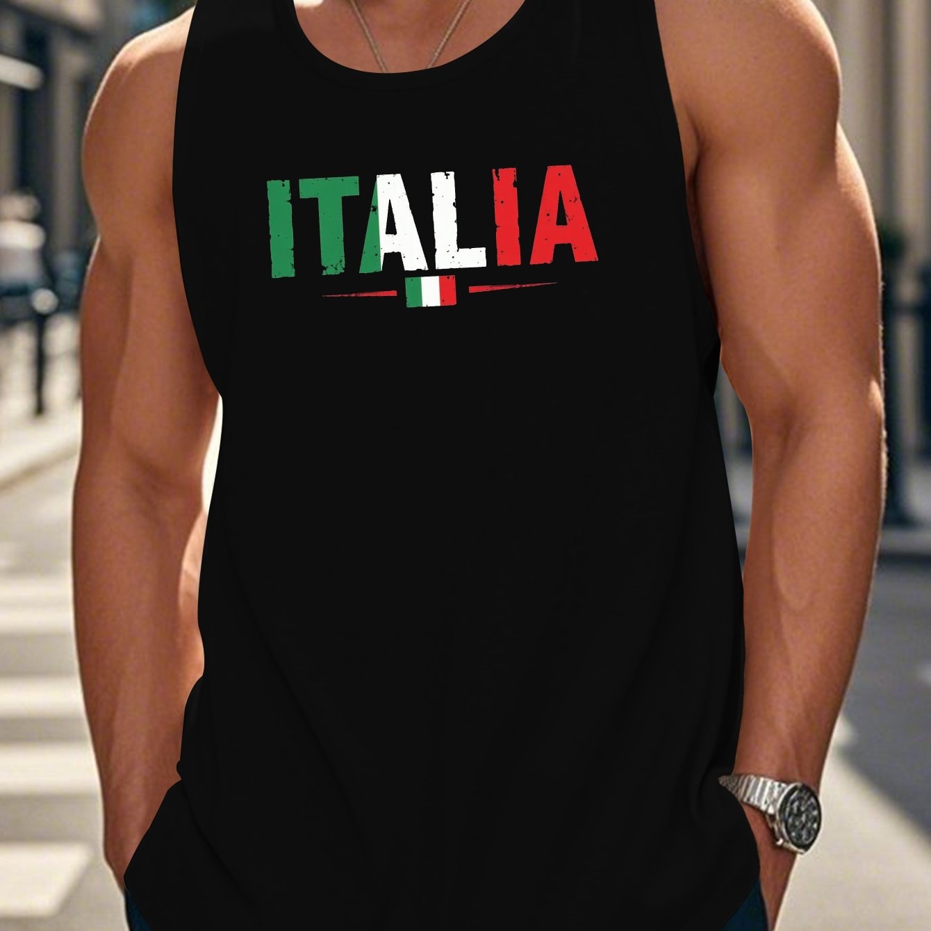 TEMU Italia Men's Casual Sleeveless Vest - Italian Flag Colors Geometric Print, Breathable Summer Round Neck, Machine Washable Regular Fit For Casual
