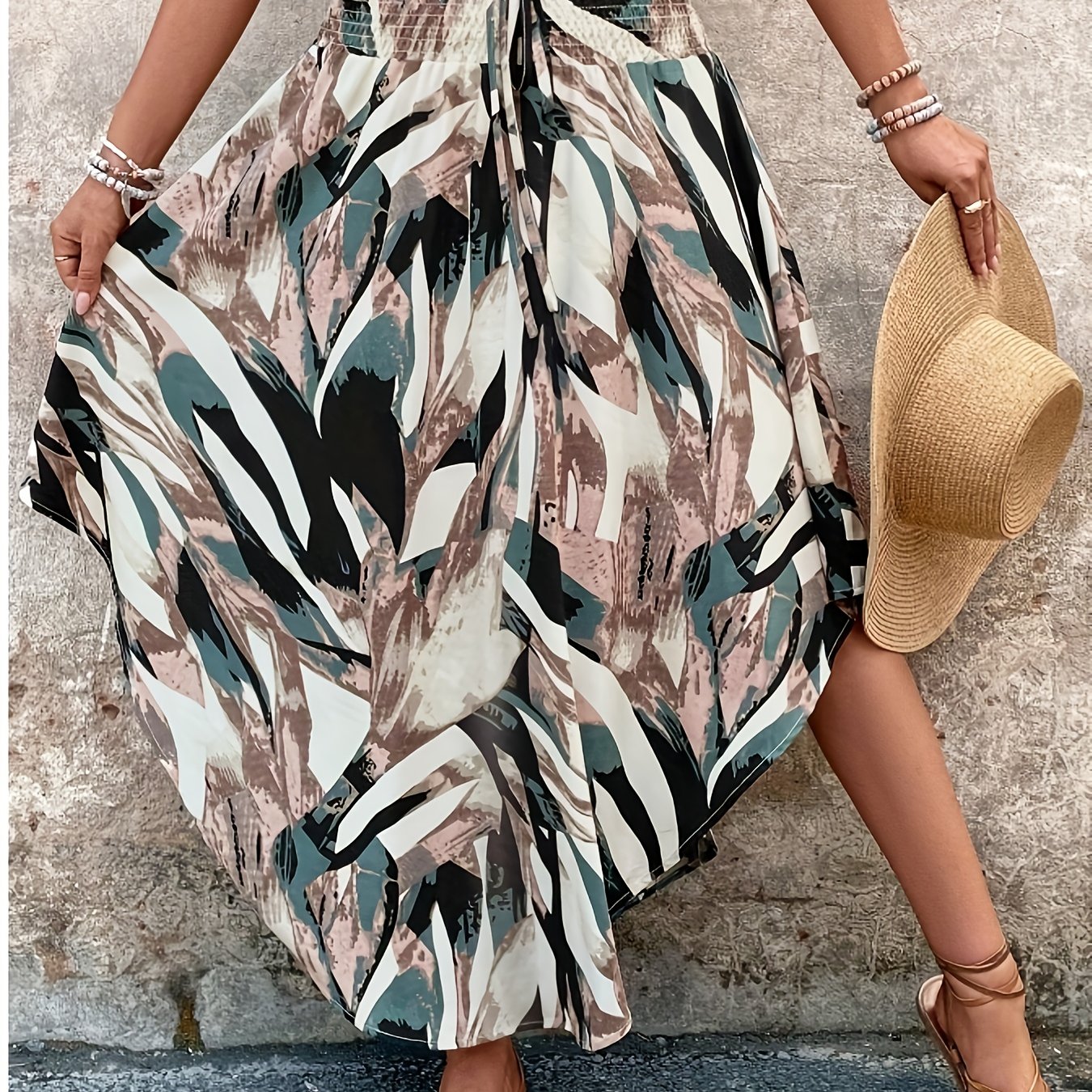 Image of New Summer Women's Stylish Printed High-waisted Pleated Casual Curved Hem Skirt
