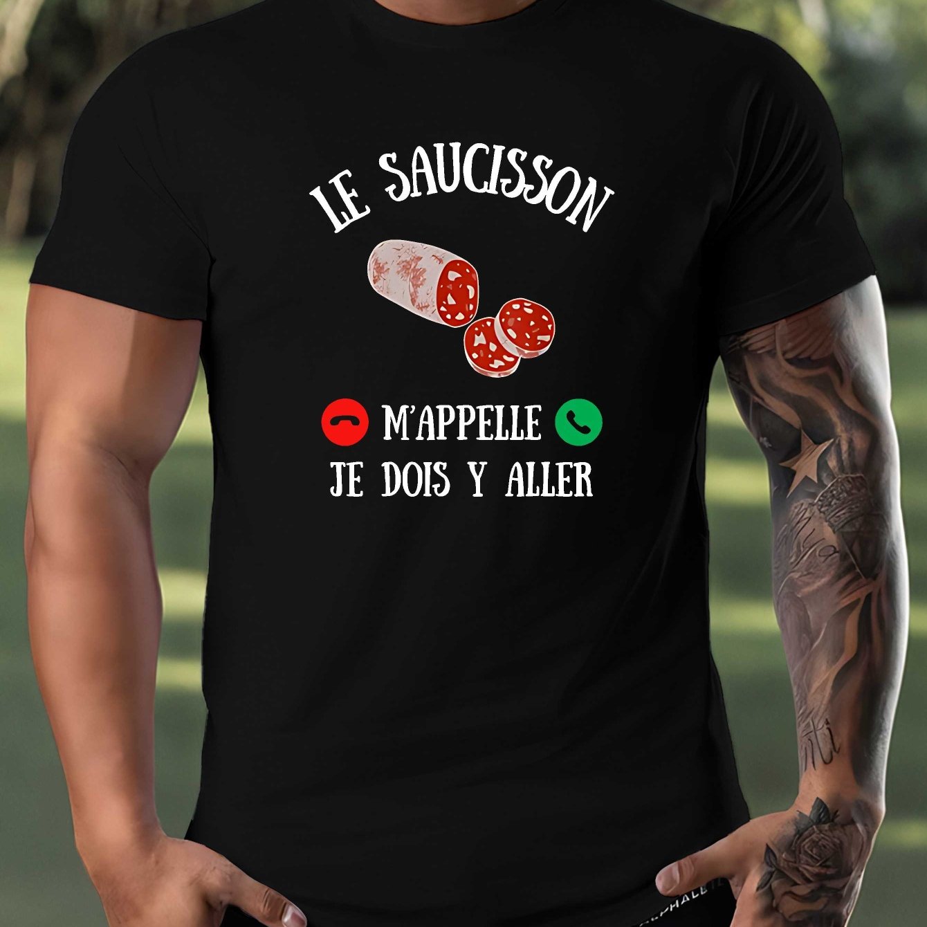 TEMU T-shirt pour Homme à Motif Froissé de Style Français - Motif "Le Saucisson" avec Rouge et Verte, T-shirt d'Été Décontracté, Coupe Régulière,