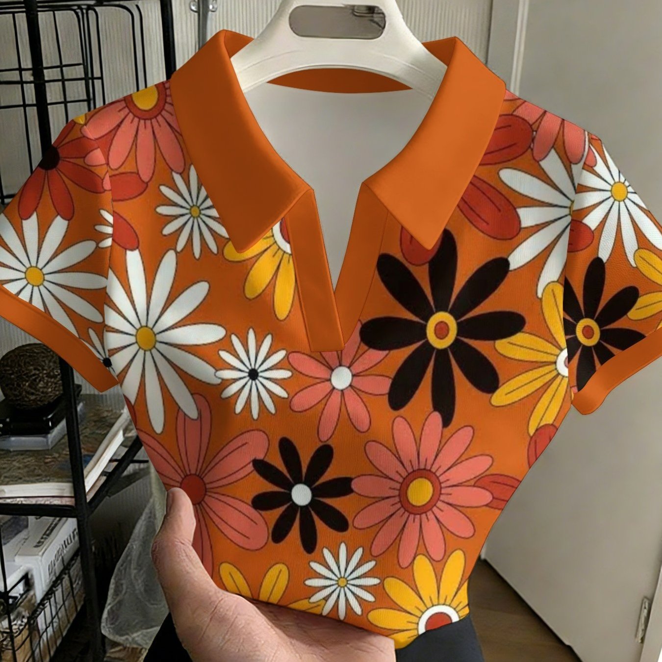 TEMU Women's Stylish And Versatile Buttonless Shirt, Yellow Red Flower Arts Pattern Wrapping Paper, Fashionable Versatile Casual Top