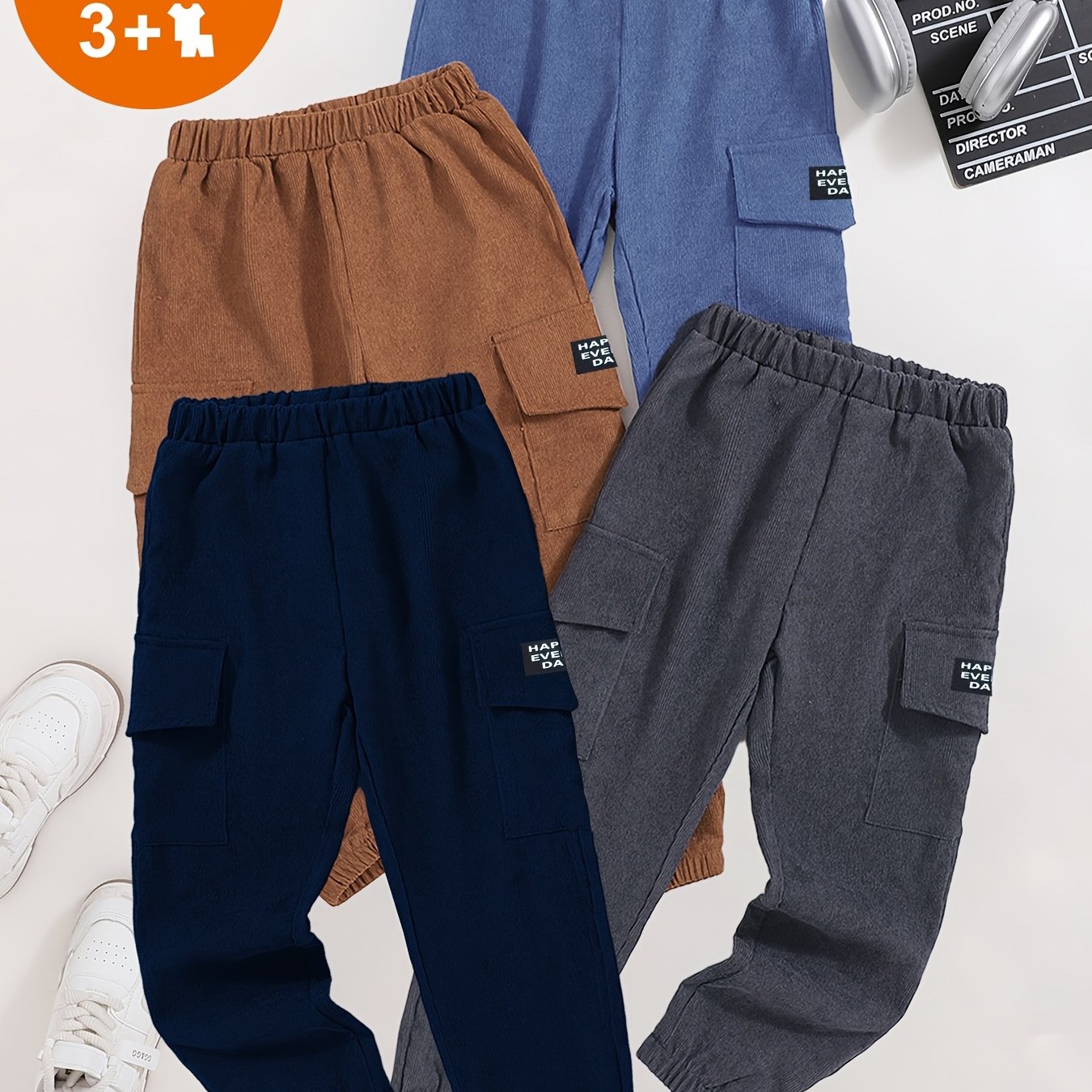 Image of Random 3pcs ! Cargo Style Corduroy Long Pants - Comfortable And For Kids' Daily Outfits, For Outdoor