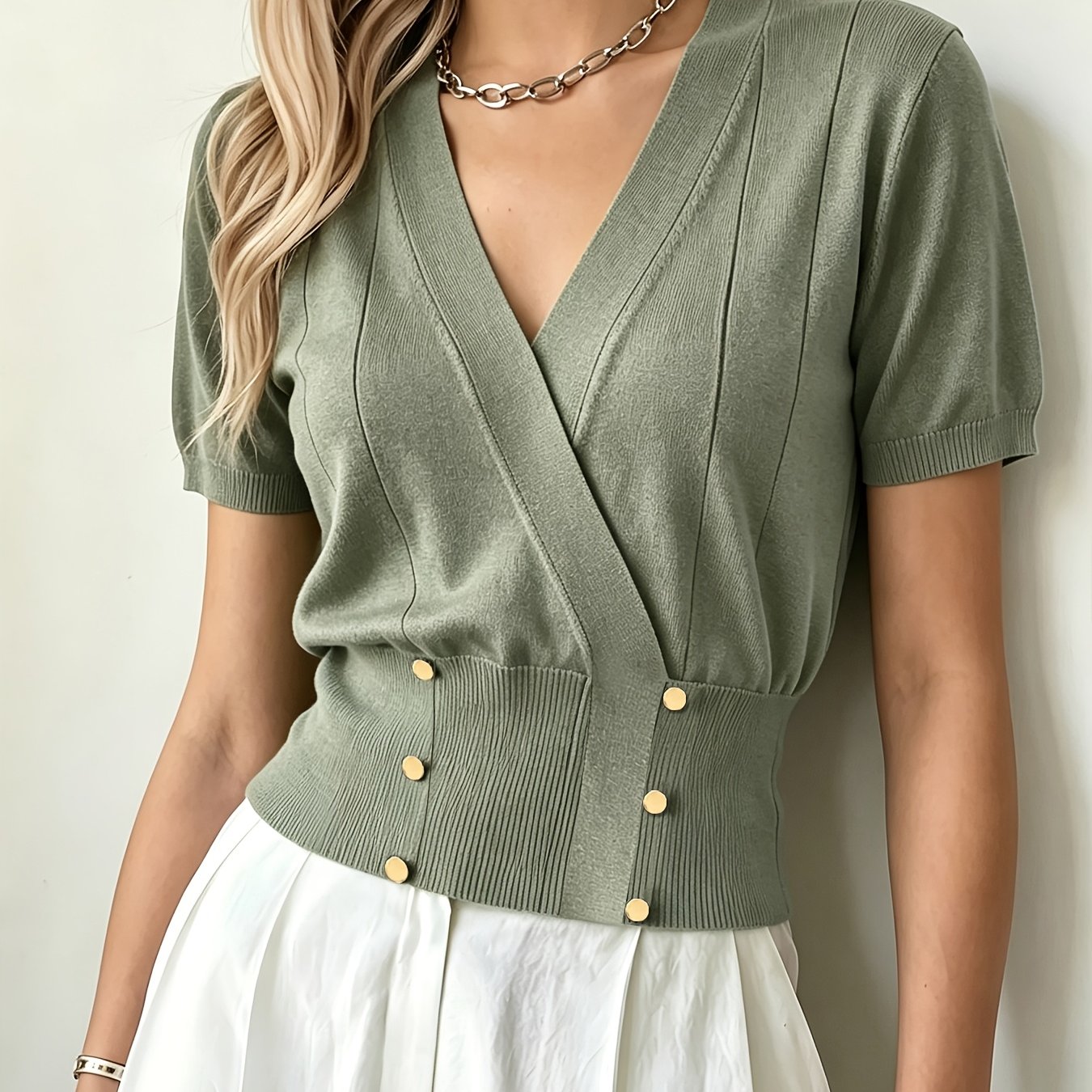 TEMU Women's Instagram-style Summer Cross-neck Pullover, Versatile Loose-fit Elegant Machine-washable Short-sleeve Top - Button Front Design, Soft