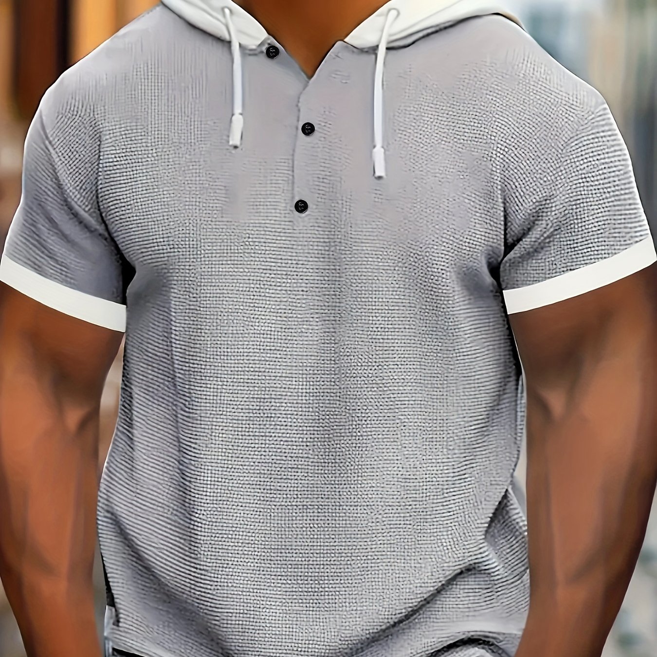 E-shop Herren Big & Tall Casual Henley-Shirt mit Kapuze und Kurzarm - Waffelstrick-Textur & Farbblock-Design, Atmungsaktive Outdoor-Sportbekleidung mit