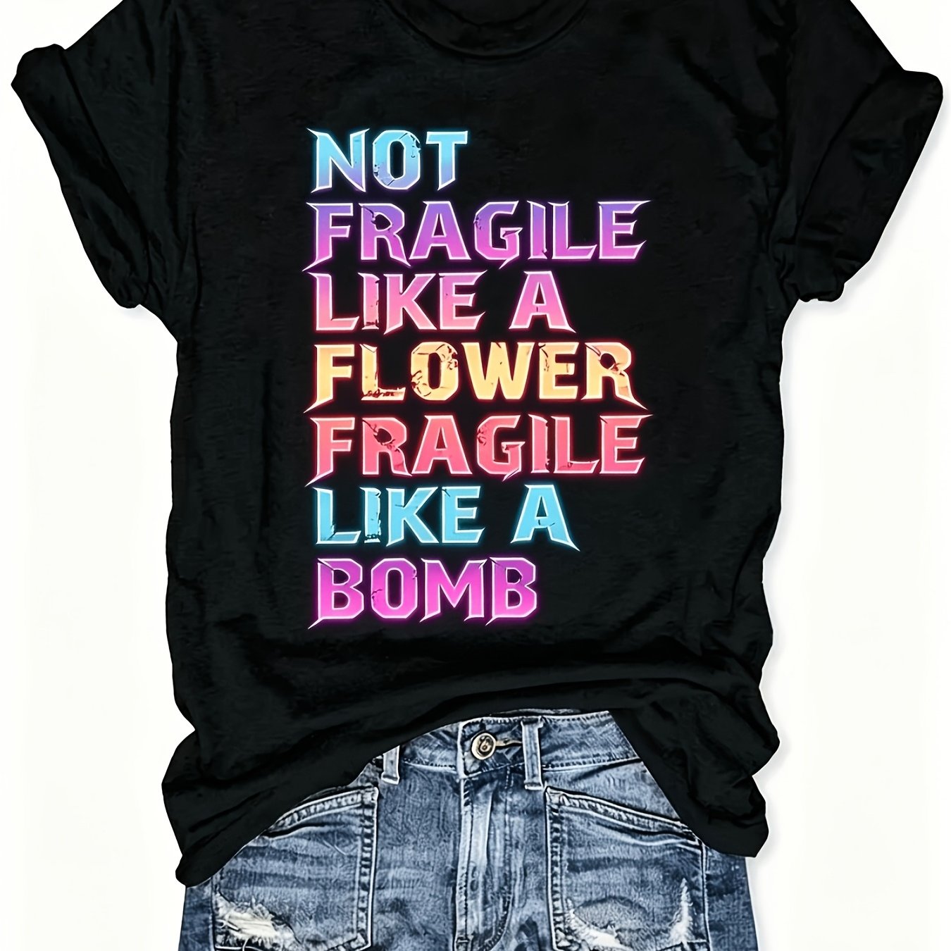TEMU Women's Casual Round Neck Black Short Sleeve T-shirt With Gradient Text ' Like A Flower Fragile Like A Bomb' In And Purple Edgy Streetwear