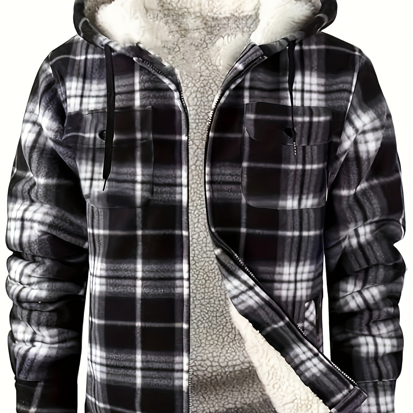 TEMU Veste à capuche pour homme avec doublure sherpa, sweat à capuche zippé à carreaux | Veste-chemise chaude d'automne/hiver, épaissie, 4 poches,