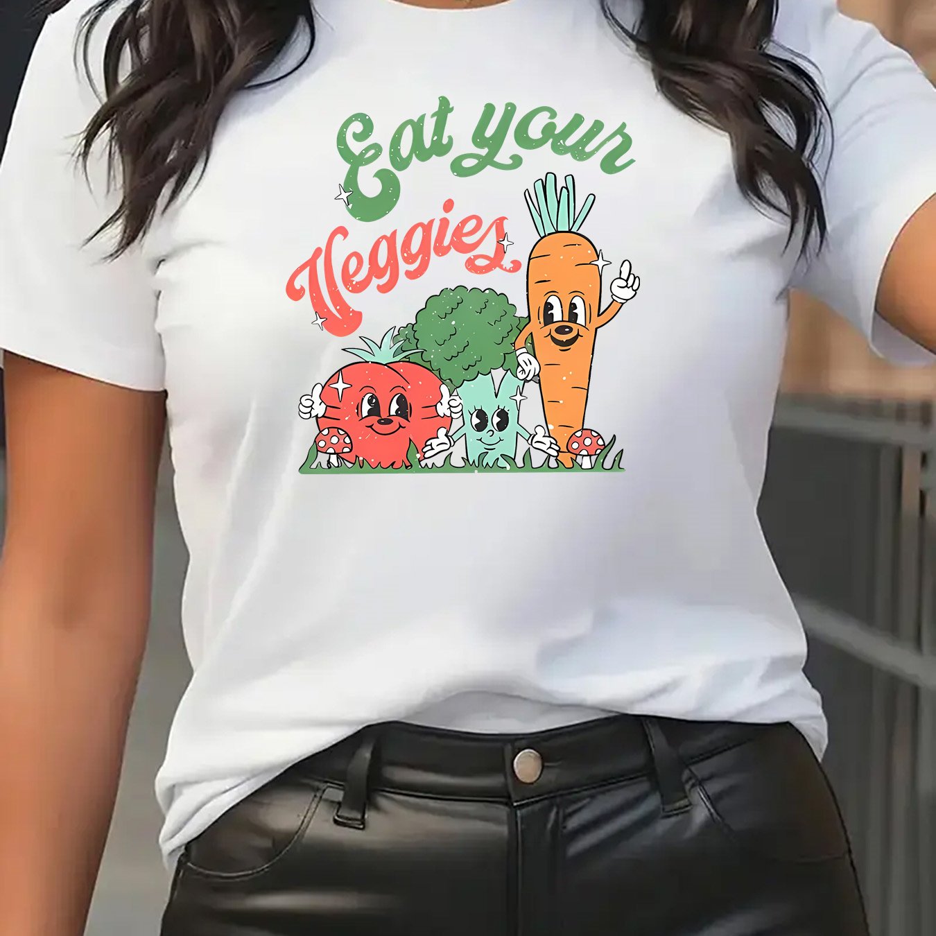 TEMU Women's "eat Your Veggies" Graphic Print T-shirt - Casual Sporty Round Neck Top With Fun Carrot & Broccoli Design, Machine Washable Fit,