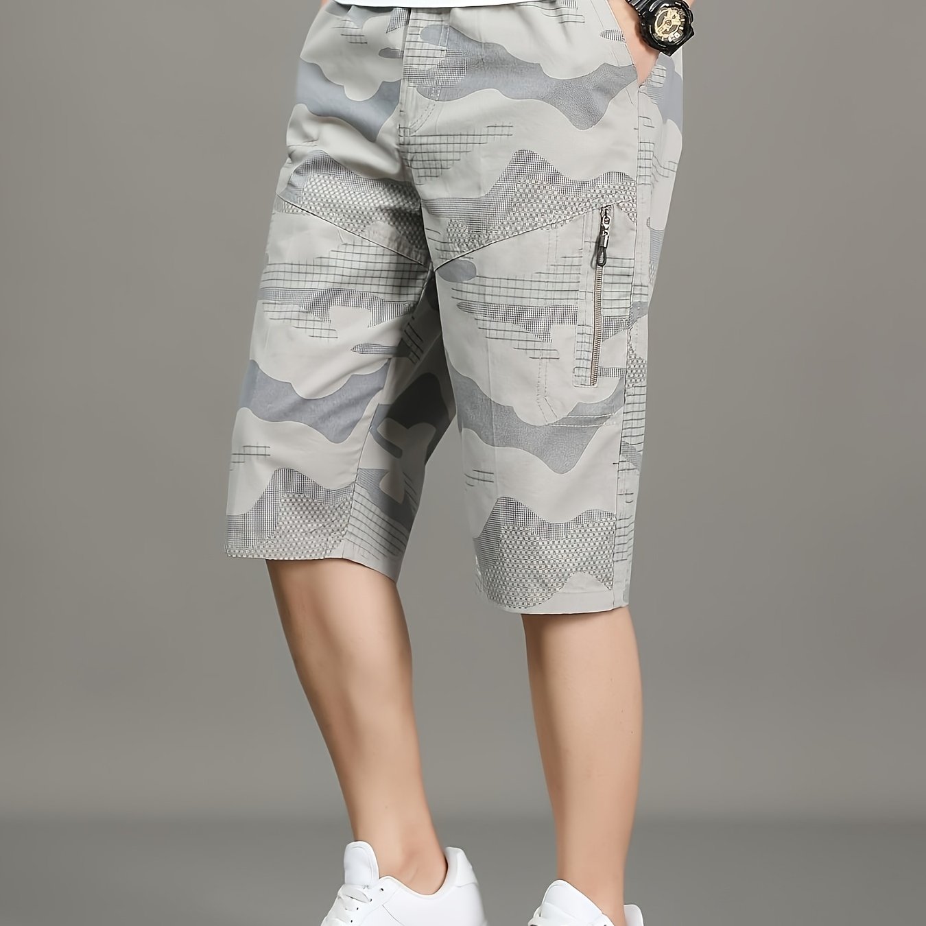 Washed Cargo Shorts Men's Camouflage Print Double Zipper Pockets Drawstring Waistband