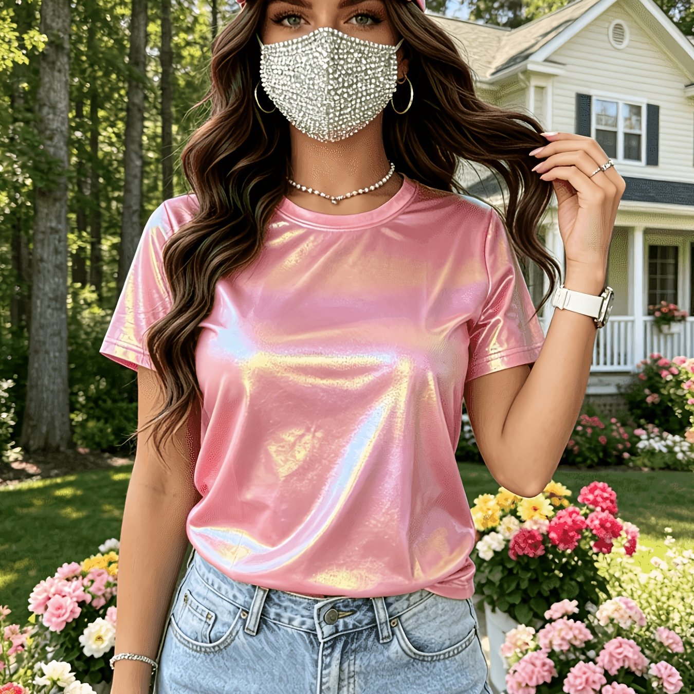 TEMU Women' Iridescent Pink Gradient T-shirt - Glossy Short Sleeve Round Neck Blush Top, Loose Fit Summer Base Layer, Non- Suitable For Casual Wear &