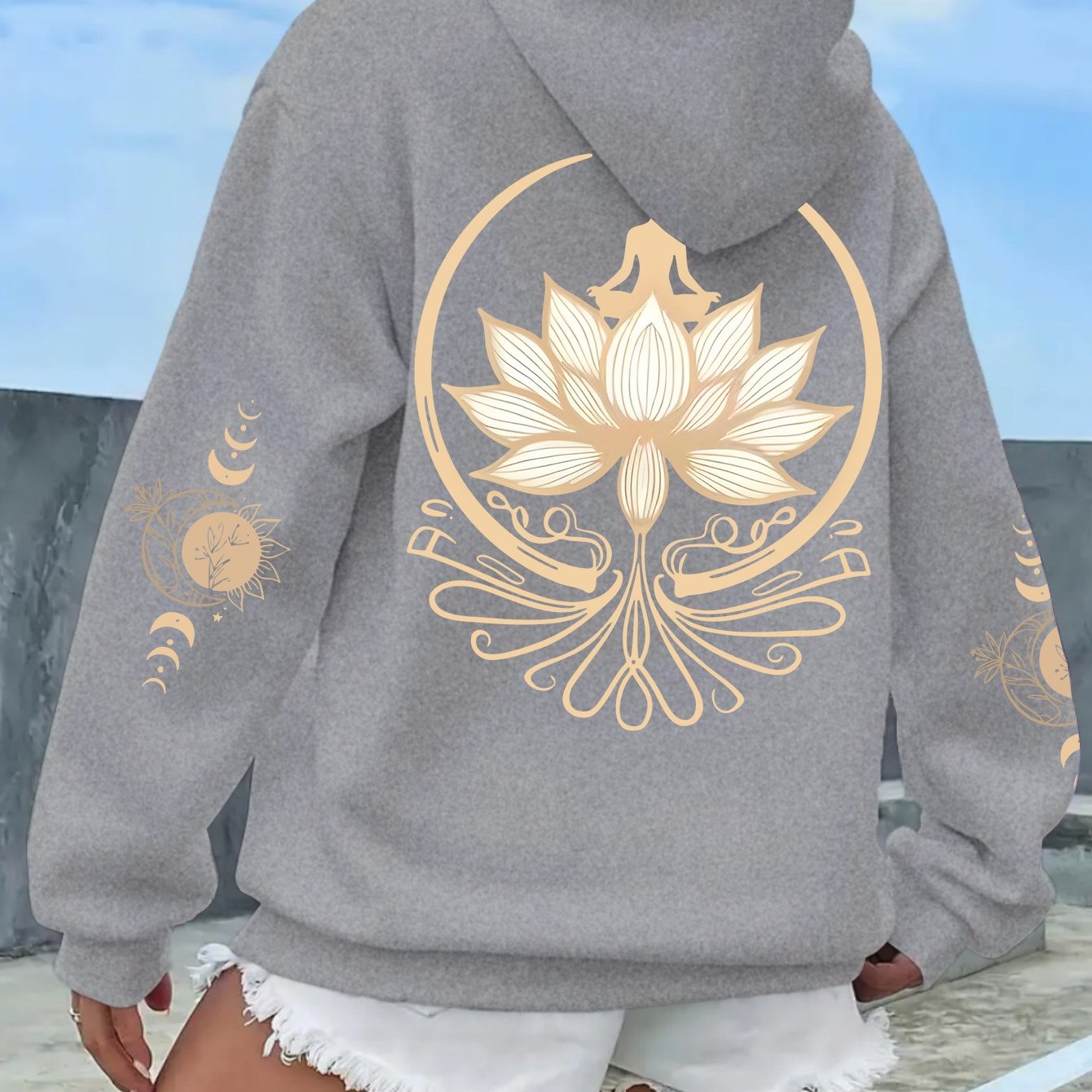 Image of A Sweatshirt Featuring A For Lotus Meditation Pattern, Casual Round Neck Long Sleeve Top, Made Of 100% Fabric, With A For Lotus Design, Suitable For , 250 Grams - Fashionable For Autumn And Winter