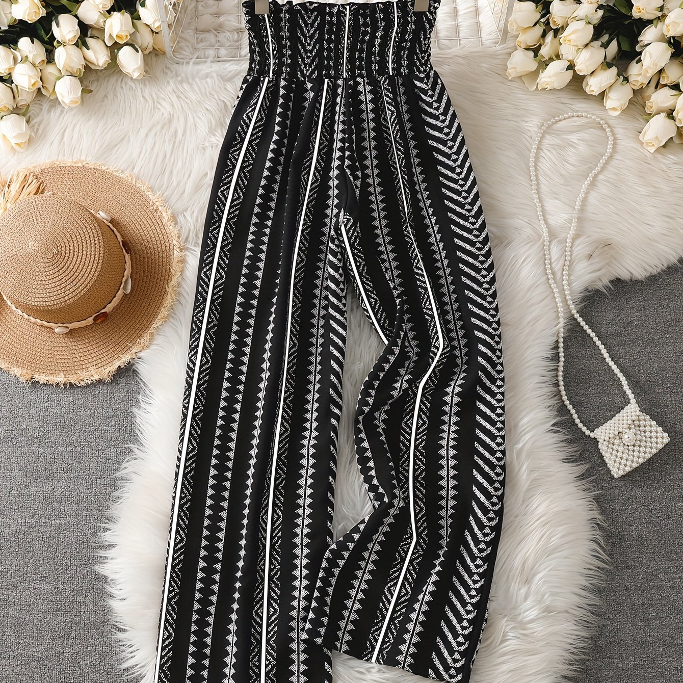 863#drawstring Elastic Waist Wide Leg Pants