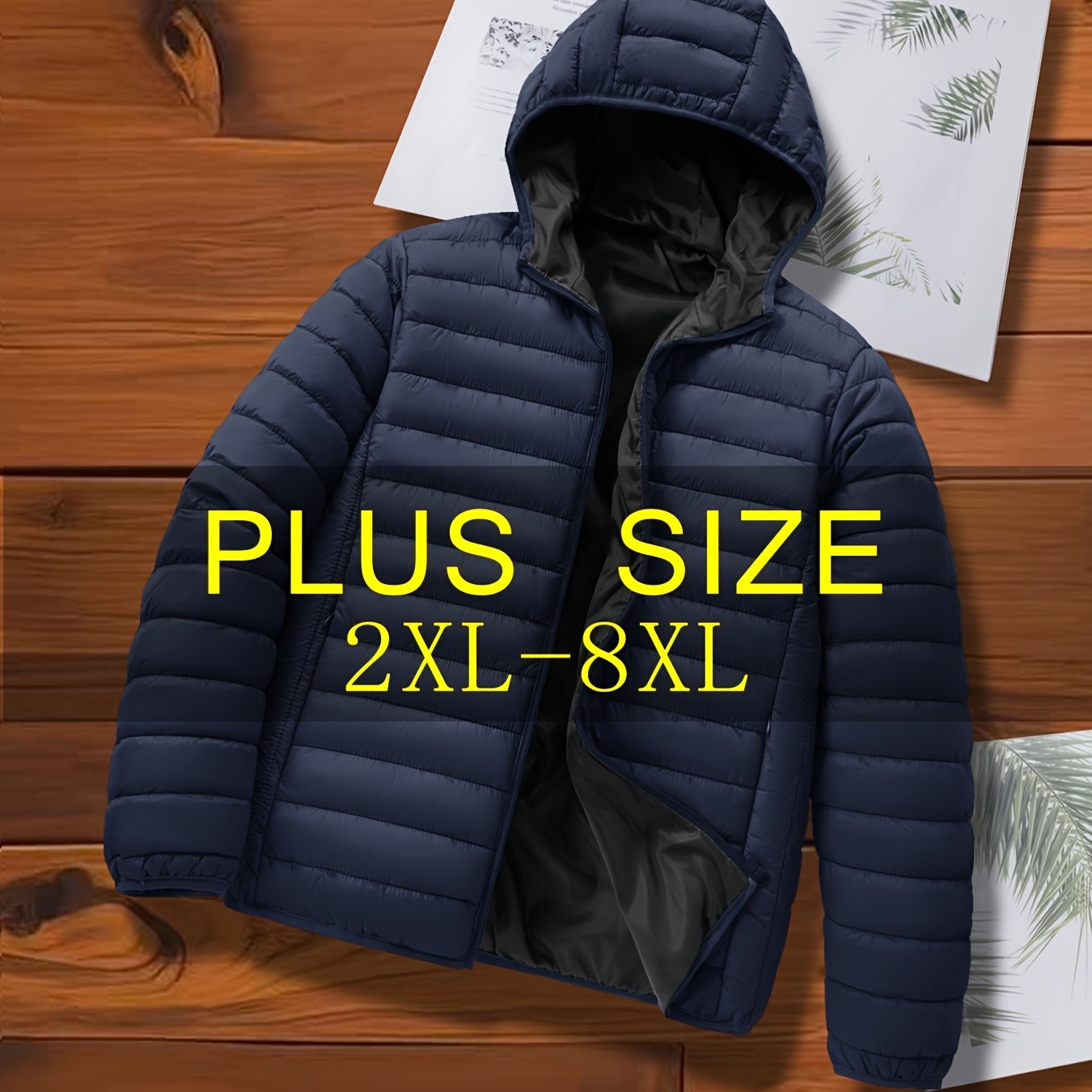 TEMU 2xl-8xl Men's Plus Size Casual Padded Coat, Extra Large Cut, Solid Color Hooded Lightweight Style, Suitable For Daily Casual Wear, Plus Size
