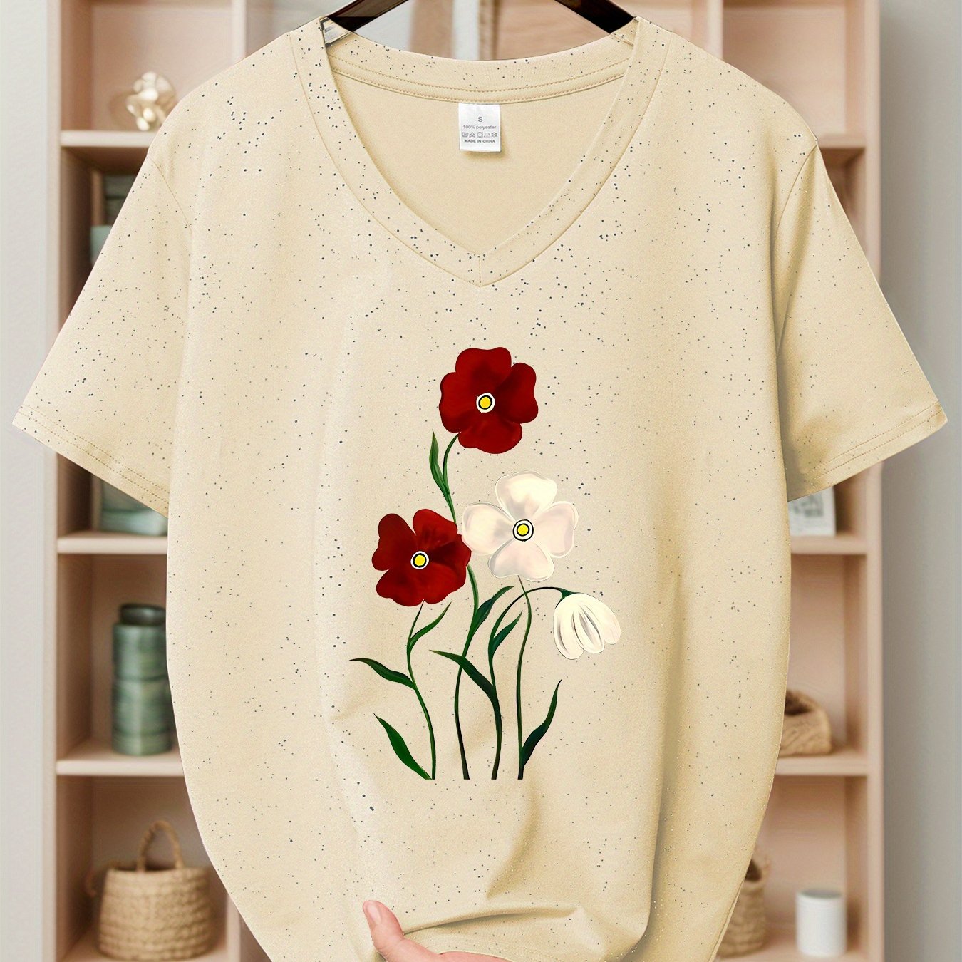 TEMU Summer Women's Clothing, Fashionable Pattern Glitter Sequin V-neck T-shirt, Casual Short-sleeved T-shirt
