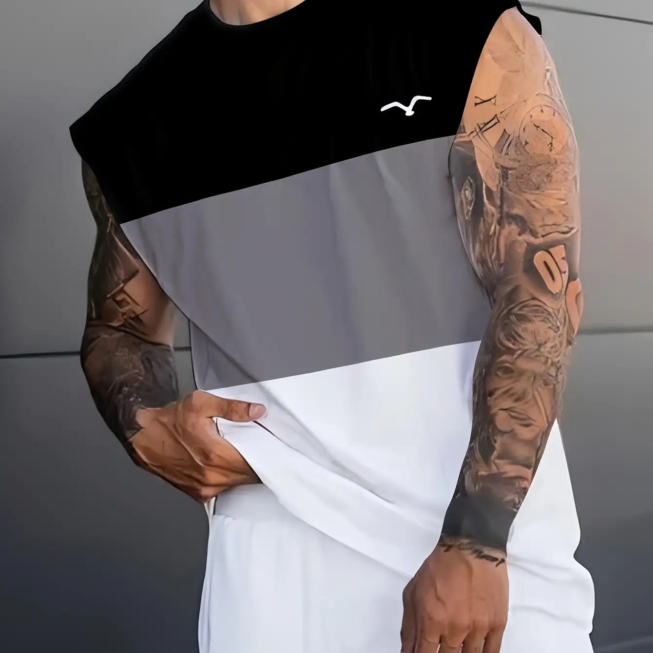 TEMU Men's 3d Printed Color-block Tank Top - Breathable Sleeveless Summer Fitness, Basketball, And Casual Wear, Black And Gray With White Accents,