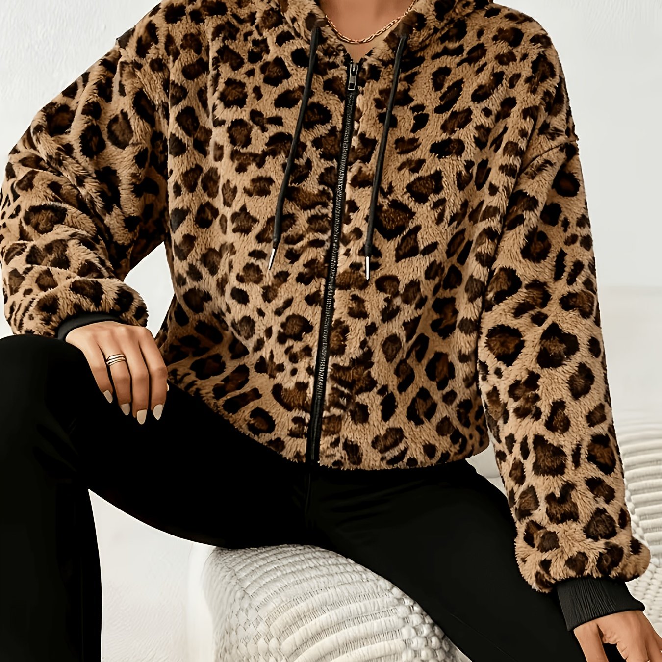 TEMU Winter Leopard Plush Hooded Sweatshirt Women's Casual Zipper Jacket Aesthetic Streetwear Warm Coat
