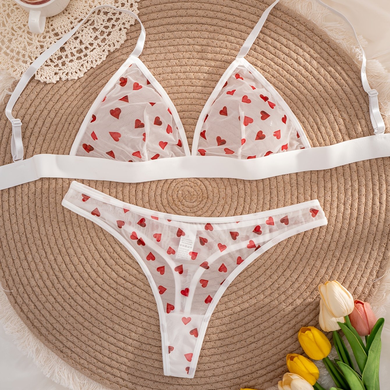 E-shop 1 Set Damen Einfarbig Herz Print Kabelloses Dreieck Cup Bequemes Unterwäsche Set